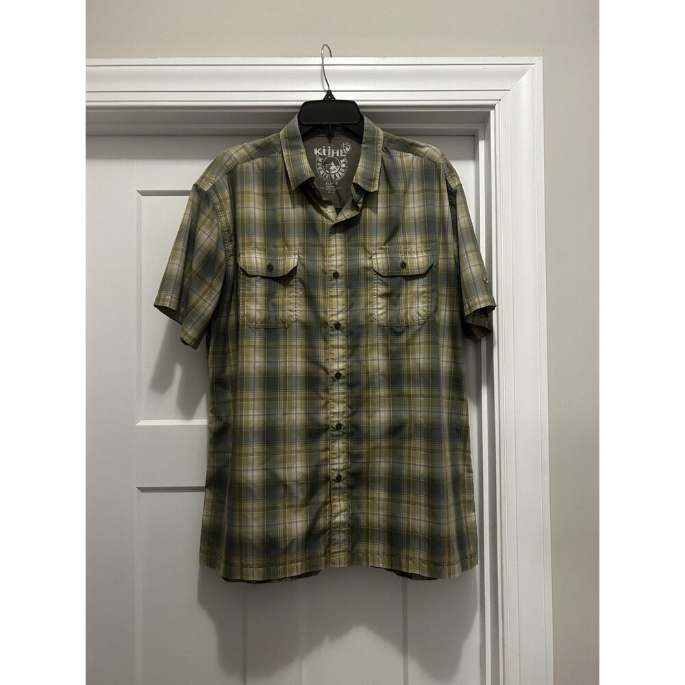KUHL Eluxur Men’s Size XL Button Up Short Sleeve Green Plaid Polyester Outdoor